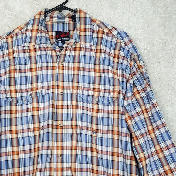Roper Men Plaid‎ Snap Shirt Size Medium Blue Brown Long Sleeve Western Cowboy - Picture 3 of 12